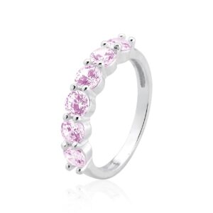 Anel Meia Aliança 6 Zirconias Grandes Rosa Claro