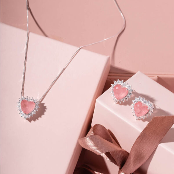 Conjunto Coracao C/Pedra Fusion Rosa
