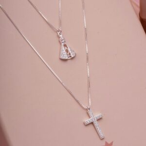 Colar Duplo Nossa Senhora e Cruz Cravejados