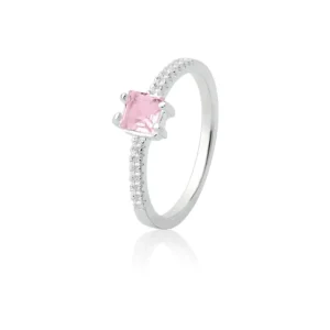 Anel Solitario Carrê 14 Cristais Cravejados Rosa Claro
