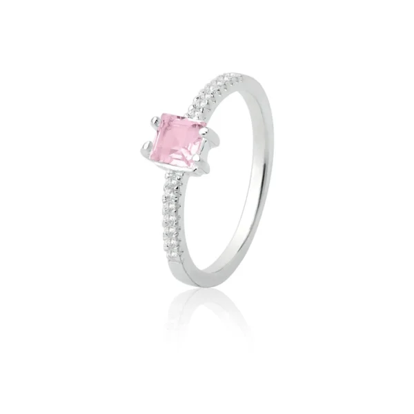 Anel Solitario Carrê 14 Cristais Cravejados Rosa Claro