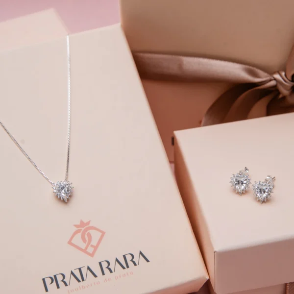 Conjunto Coração 3 Garras Zircônia Cristal