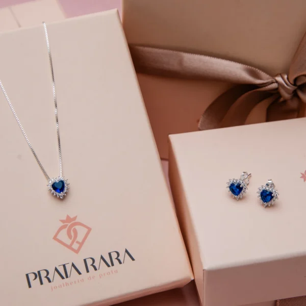 Conjunto Coração 3 Garras Azul Safira