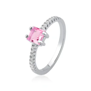 Anel Solitario Carrê 14 Cristais Cravejados Rosa