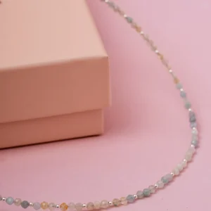 Colar Pedras Naturais e Bolinhas Granada Agua Marinha